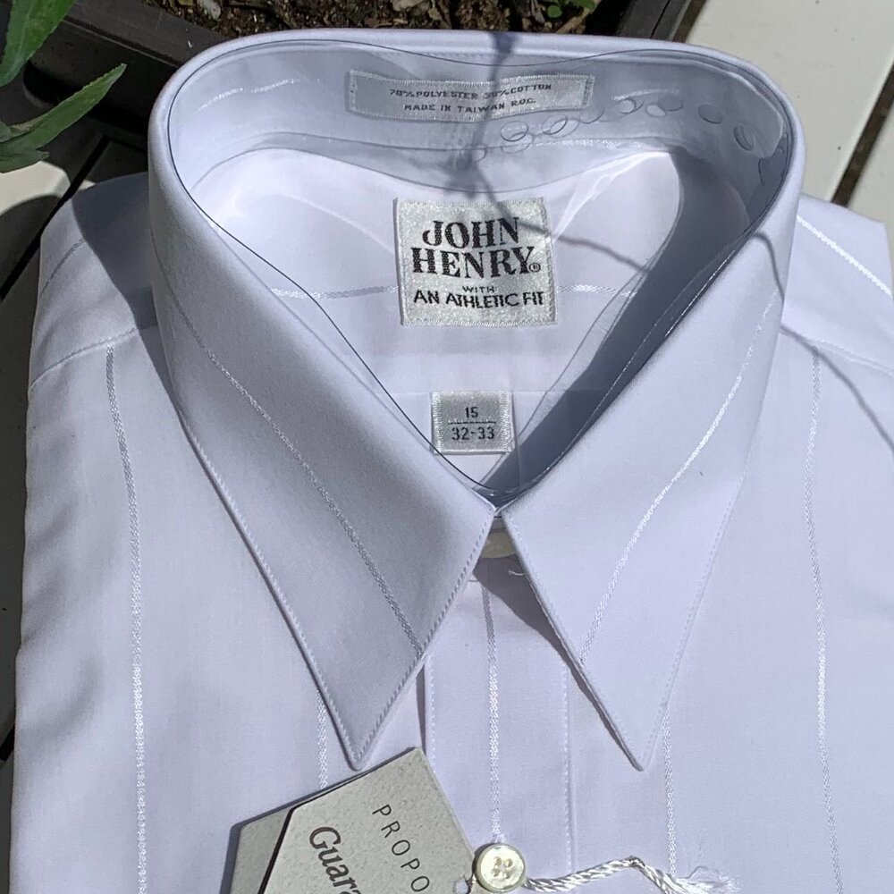 Men's Athletic Fit John Henry White Satin Stripe Long Sleeve Button Down Shirt - Picture 2 of 11